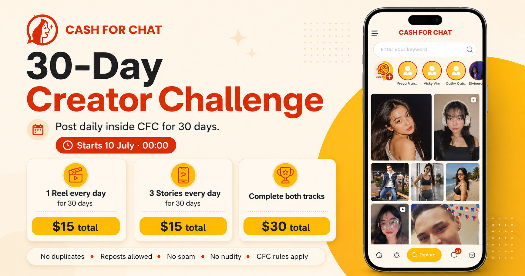 Cash For Chat 30-Day Creator Challenge — Post daily, complete tracks, earn rewards